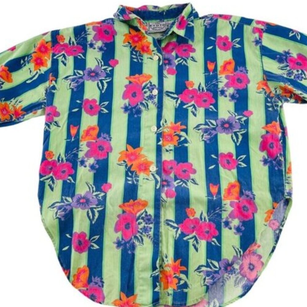 Kyoto Kasuals Floral Striped Button-Up Shirt S 100% Cotton Short Sleeve Vintage